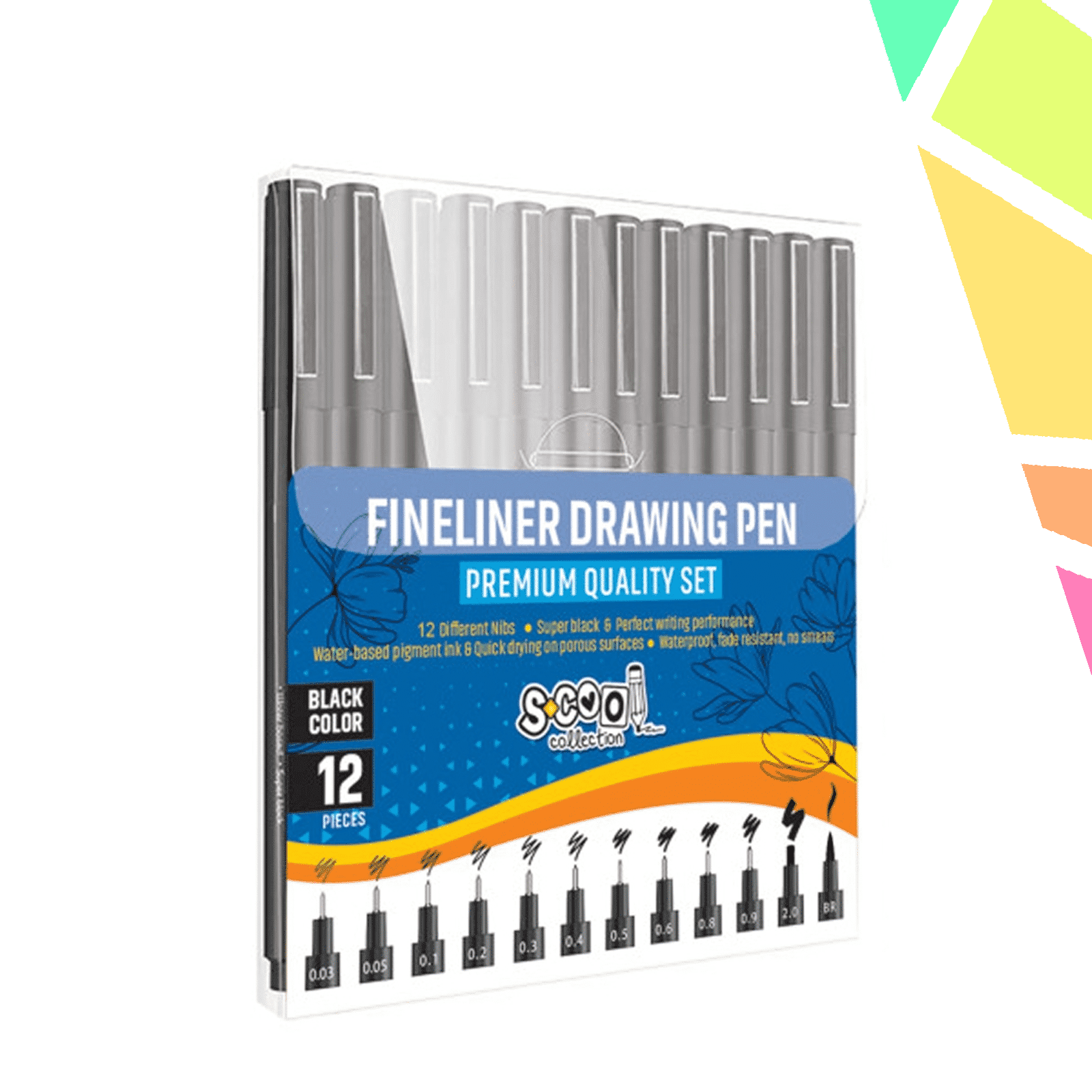 Fineliner, diferite dimensiuni 0.03-2 mm + varf tip pensula, 12 buc/set - S-COOL - imagine 1