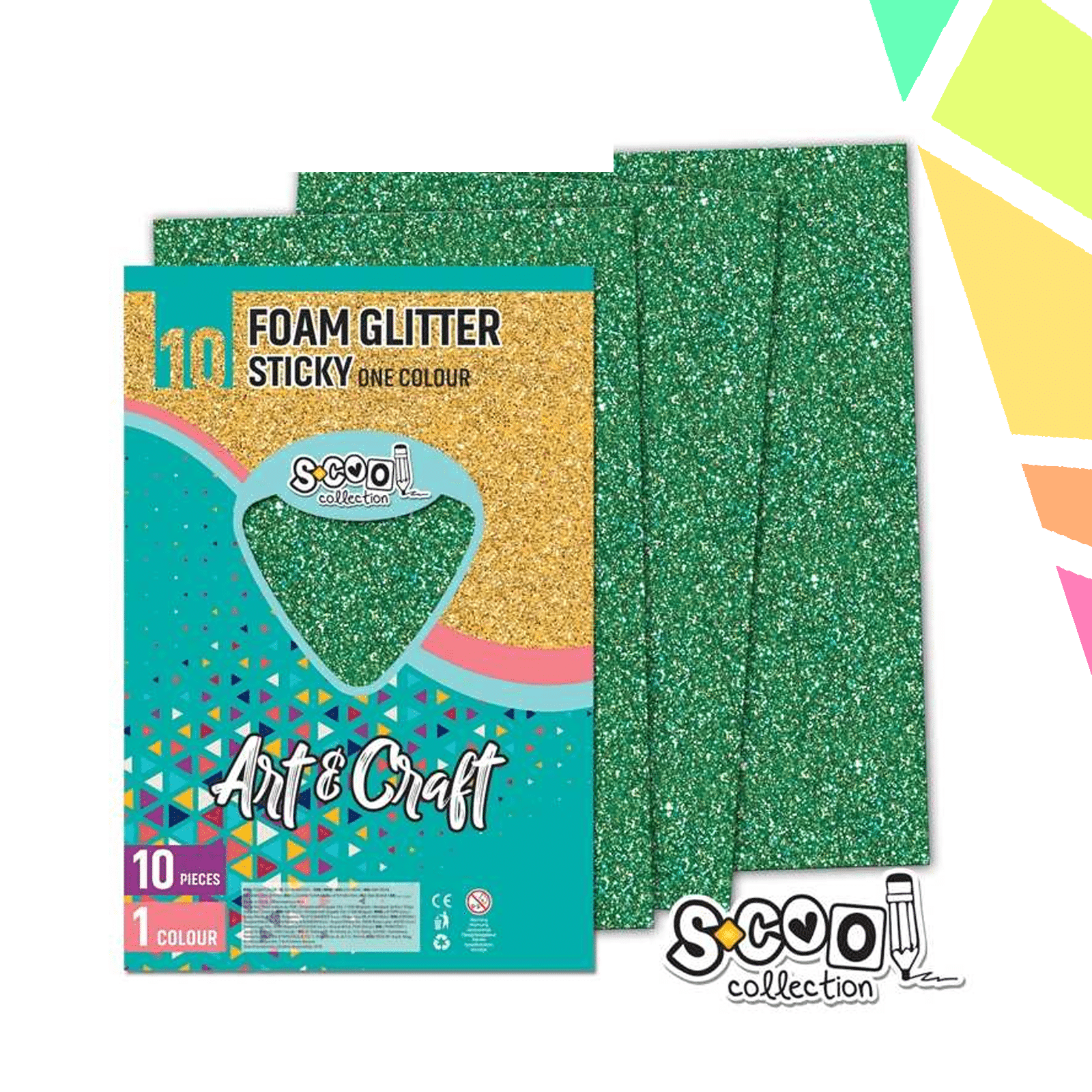 Hartie buretata, adeziva, glitter, verde, 10 buc/set, 20x30 cm - S-COOL - imagine 1