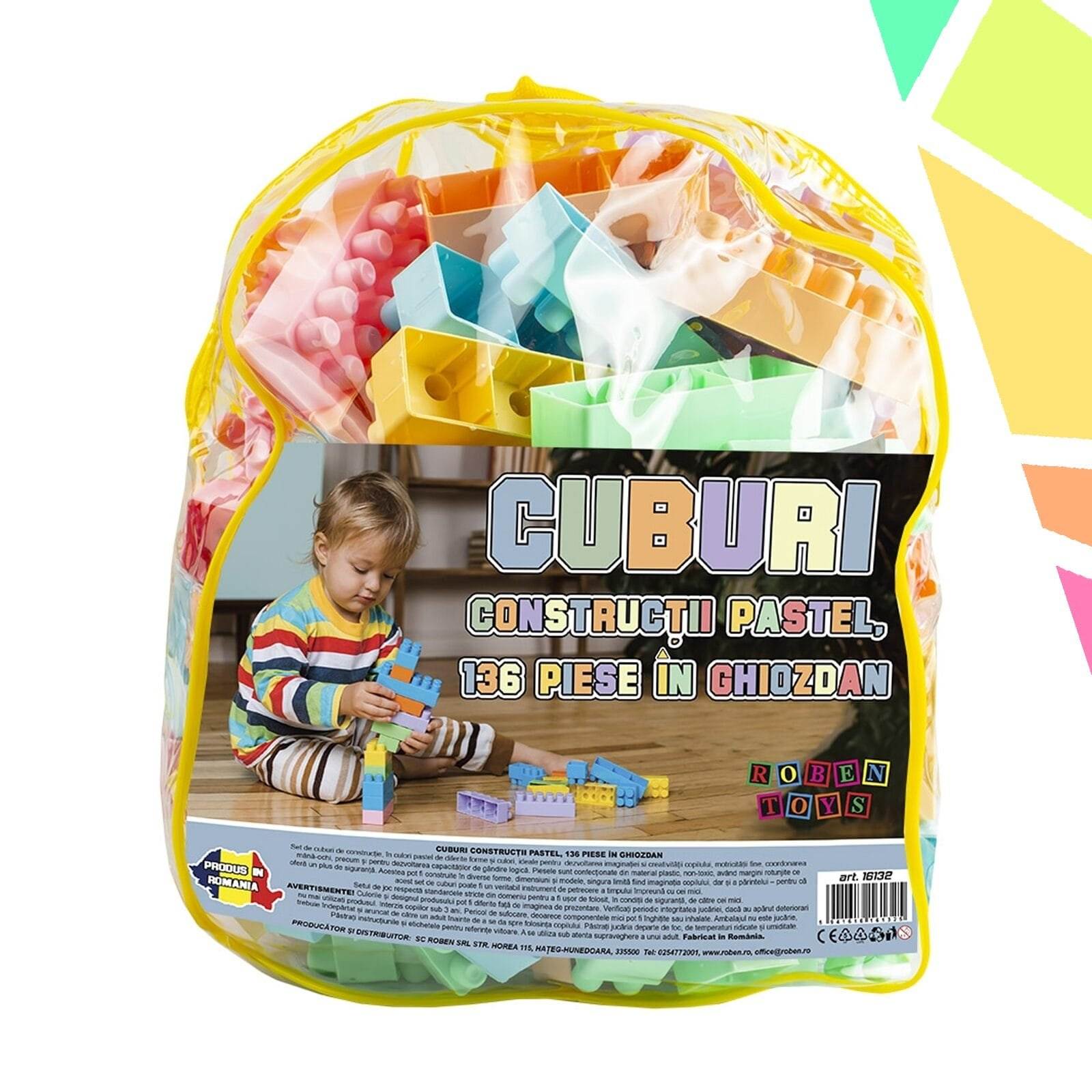 Cuburi constructii, pastel, 136 piese/ghiozdan - ROBENTOYS - imagine 1