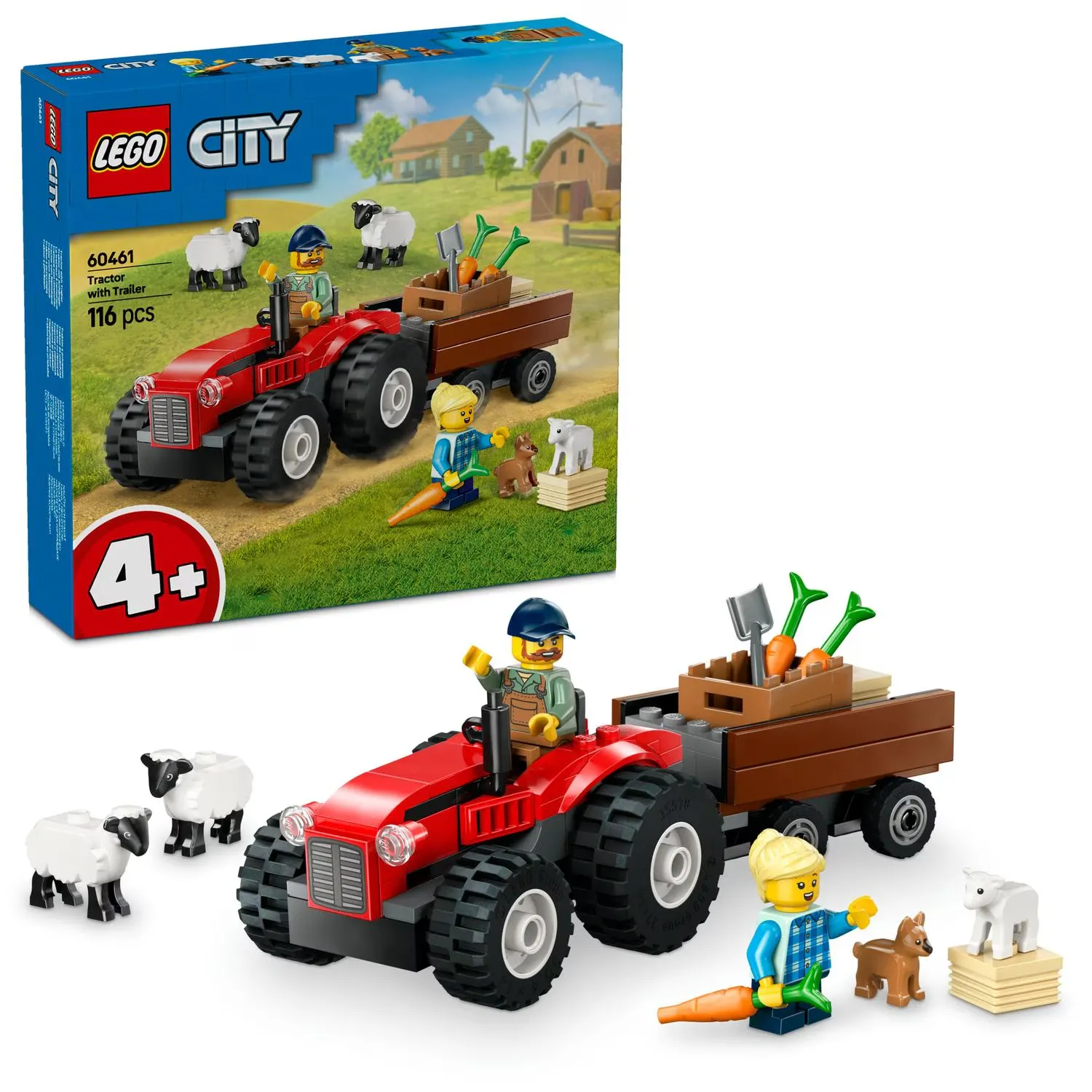 LEGO® City - Tractor de ferma rosu cu remorca si oi 60461, 116 piese - imagine 1