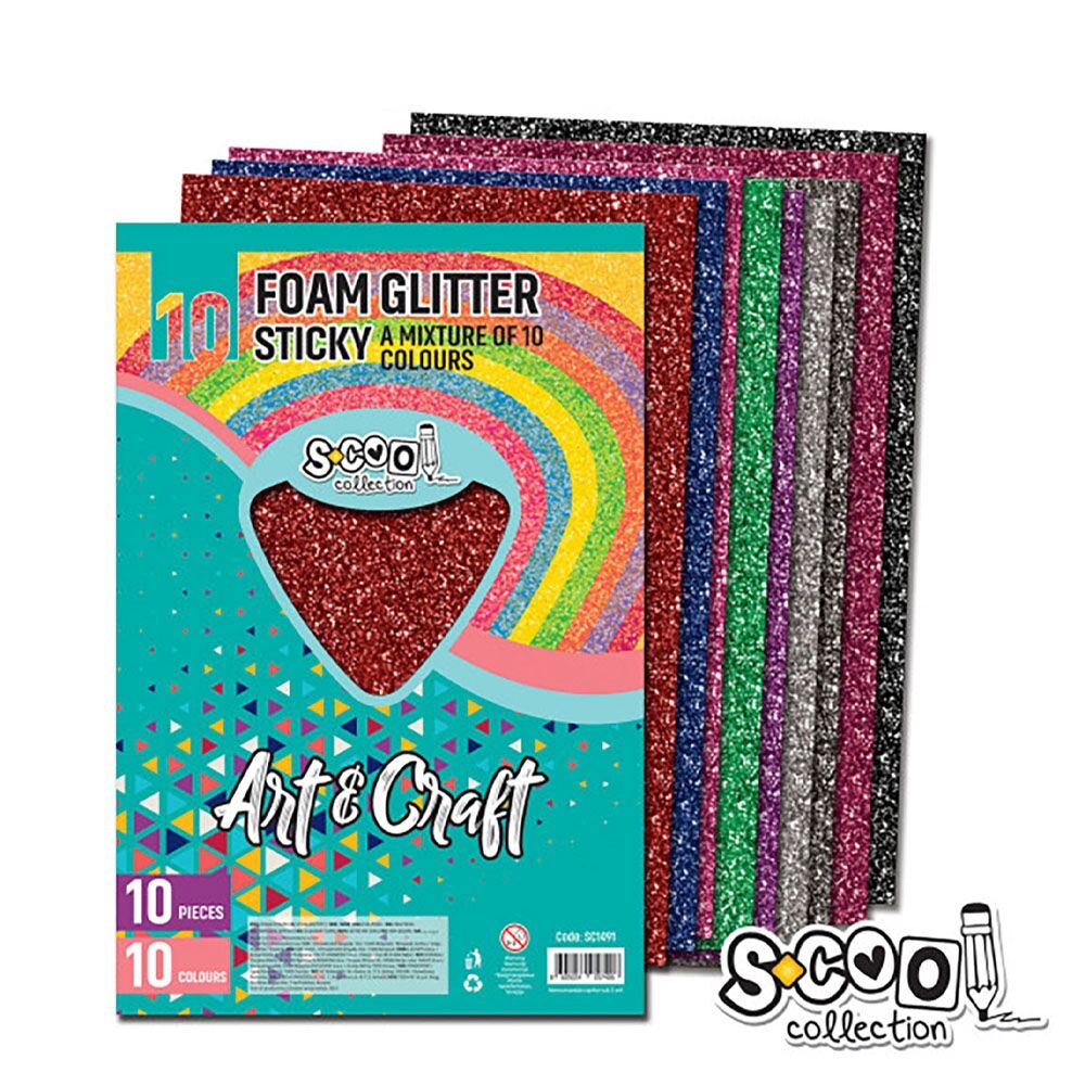 Hartie buretata, adeziva, glitter, 10 culori/set, 20x30 cm - S-COOL - imagine 1